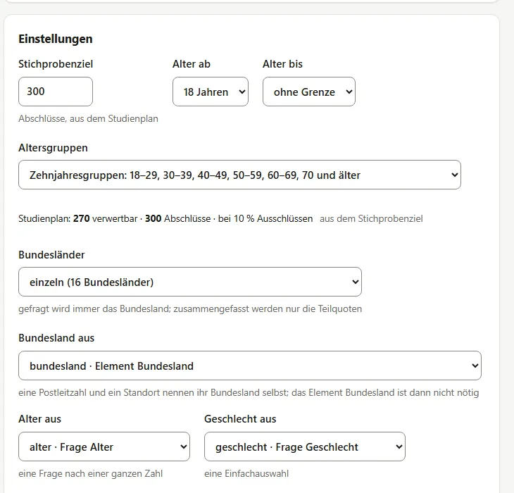 Quotenassistent „Bevölkerung Deutschland“: Stichprobenziel 300, Alter ab 18 Jahren, Zehnjahresgruppen, 16 Bundesländer einzeln, dazu die Fragen, aus denen Alter, Geschlecht und Bundesland kommen