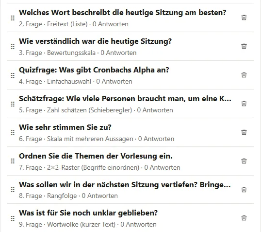 Fragenliste einer Live-Abstimmung: Freitext, Bewertungsskala, Quizfrage, Schätzfrage mit Schieberegler, Skala mit mehreren Aussagen, 2×2-Raster, Rangfolge und Wortwolke
