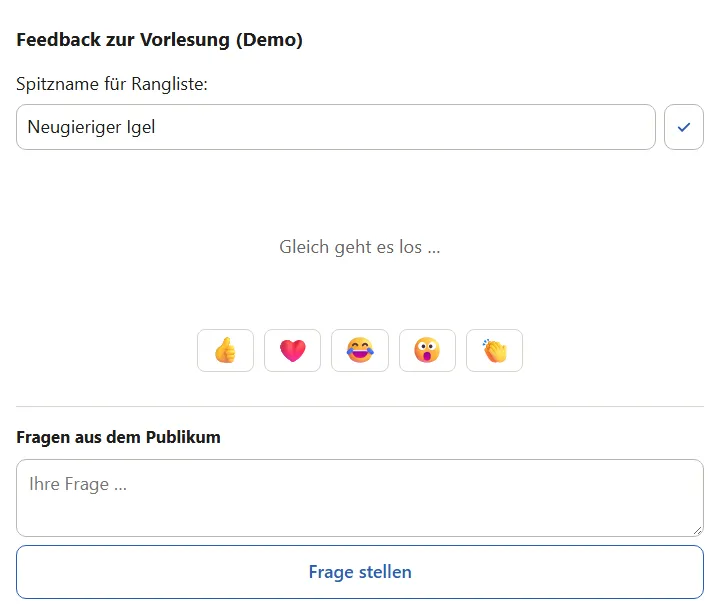Ansicht auf dem Handy: Spitzname für die Rangliste, „Gleich geht es los …“, fünf Reaktionen und ein Feld für Fragen aus dem Publikum