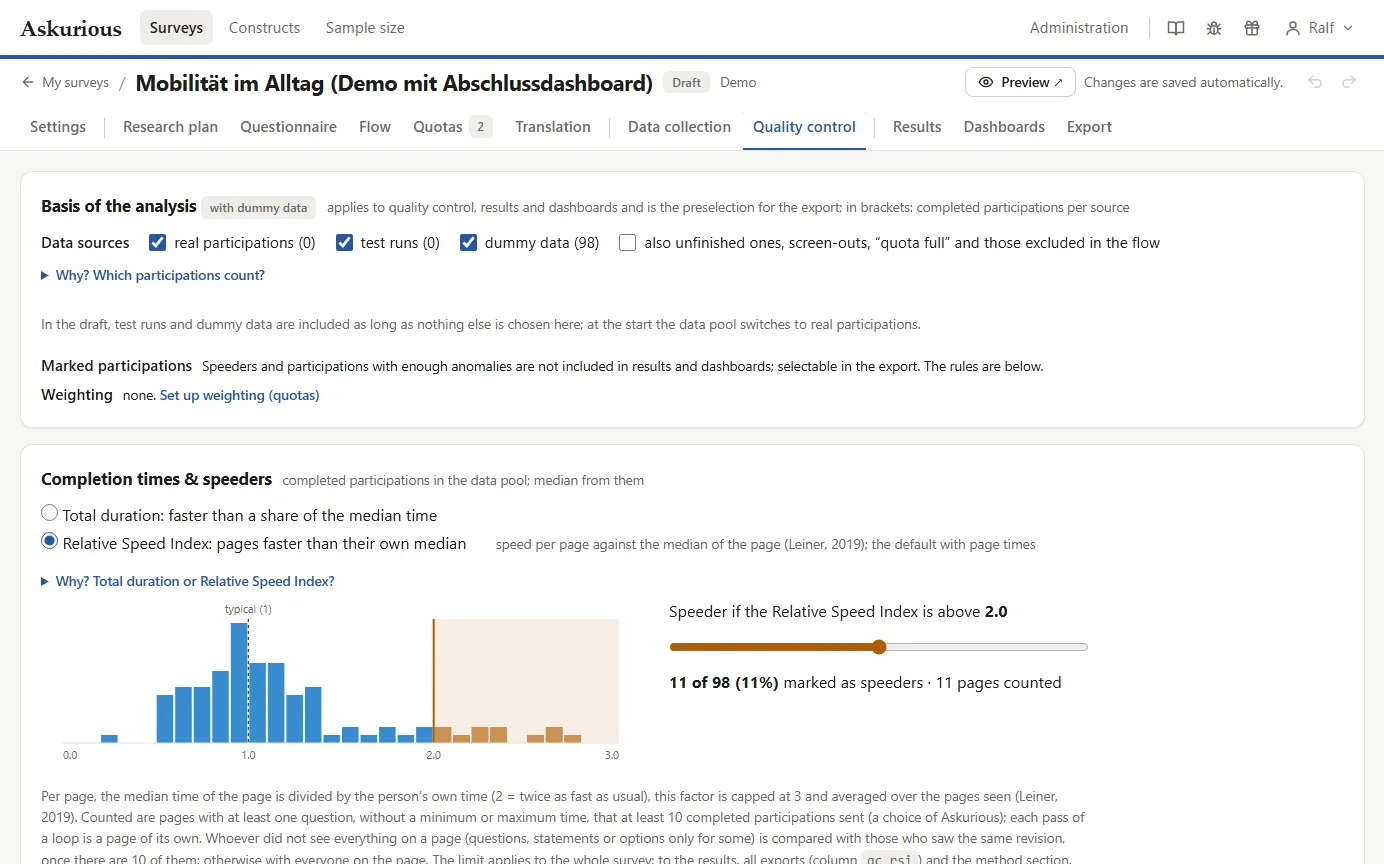 Reiter „Quality control“ in der englischen Oberfläche: Datenquellen, Relative Speed Index und Histogramm, alle Beschriftungen auf Englisch