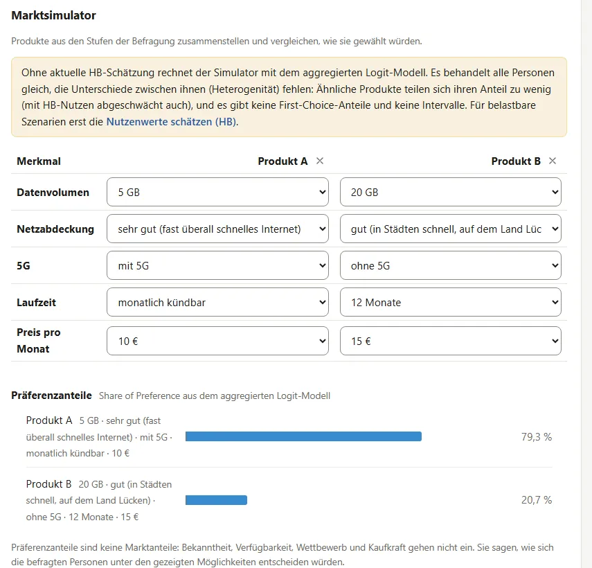 Marktsimulator: zwei Handytarife aus den Stufen der Befragung zusammengestellt, darunter ihre Präferenzanteile von 79,3 % und 20,7 %
