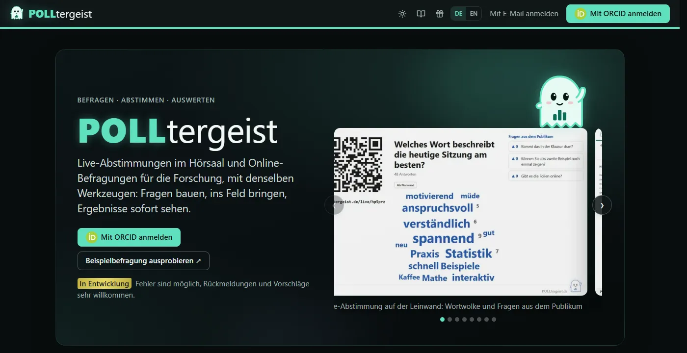 Startseite unter dem Namen POLLtergeist: dunkles Aussehen mit grünem Gespenst als Logo und einer Live-Abstimmung als Beispielbild