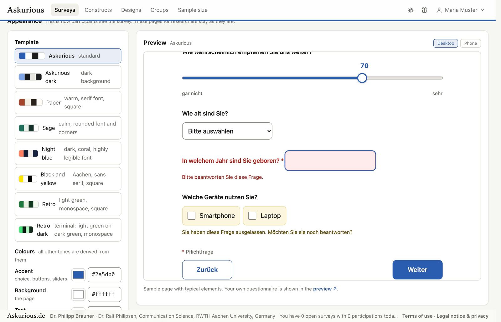 Erscheinungsbild: Designs der Plattform, eigene Farben, eine Beispielseite in Desktop- und Handybreite