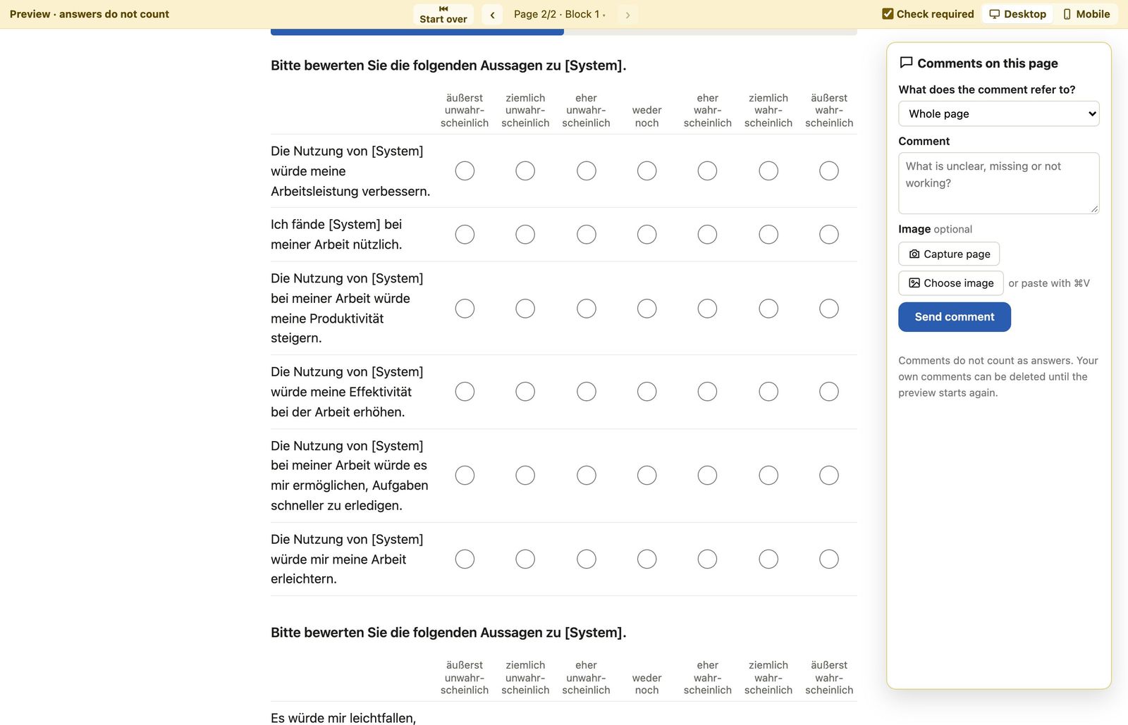 Die Vorschau einer Likert-Matrix mit dem Kommentarfeld für Pretest-Personen